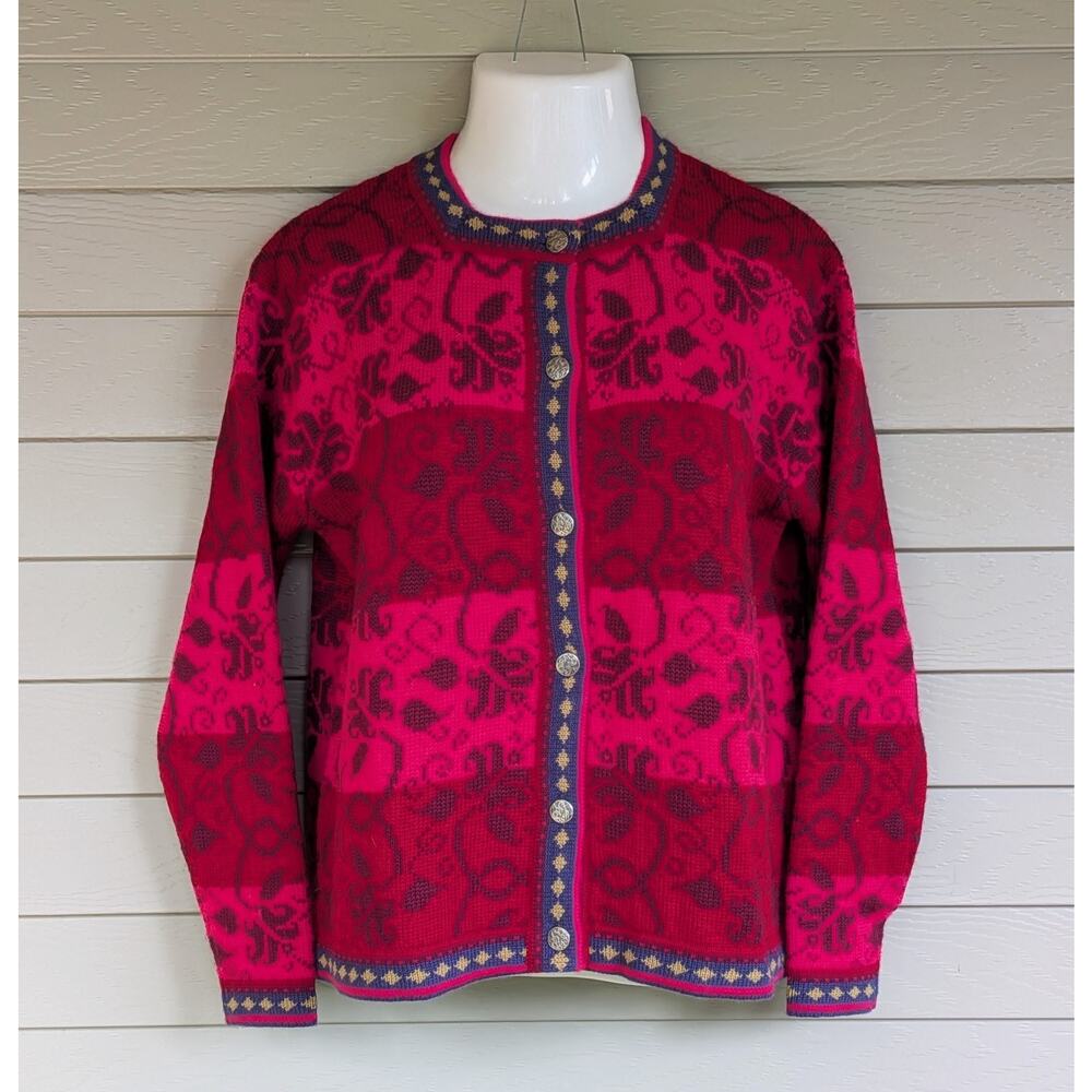 Vintage Nordic Icelandic Womens Red Pink Wool Cardigan Button Up Sweater Size L